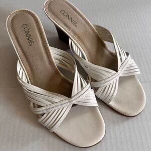 Connie brand white leather slide on kitten wedge heels